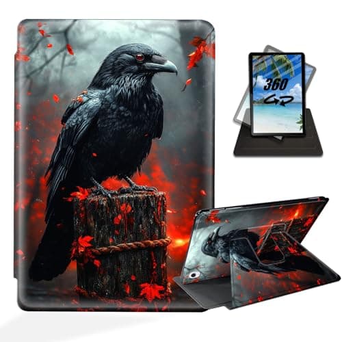 ETLKJVBL for iPad 10th Generation Case, 360 Degree Rotating Stand Cover Multi Angle Viewing, Auto Sleep/Wake, Raven in Red Autumn Forest Leather Case for iPad (A16) 11th Gen 11 Inch 2025