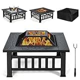 Giantex 32" Outdoor Fire Pit, 3 in 1 Square Wood Burning Fire Table, Multifunctional Firepit for Outside Patio Backyard Porch Garden, Bonfire Stove Fireplace with Rain Cover for Picnic, Camping
