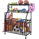 Jsskeeim Garage Sports Equipment Organizer,Sports Ball Organizer with Wheels,Mesh Pocket, Basket,Ball Organizer with Baseball Bat Rack and HooksToy Storage Rolling Cart-Black