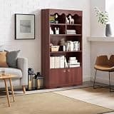 SLEKVERSA Farmhouse Bookshelf with Doors, 63 Inch 5-Tier Walnut Bookcase with Storage Cabinet Modern Storage Cabinet Freestanding Wood Bookshelf for Living Room, Office, Bedroom