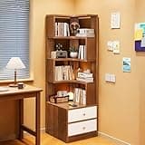 NABOOJ Corner Bookshelf with 2 Drawers, 6 Tier Storage Cabinet, Open Display Shelf for Small Space, Living Room, Bedroom, Decor