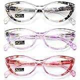 V.W.E. 3 Pairs Lot Women Cateye Translucent Clear Floral Pattern Fashion Reading Glasses Reader (3 Assorted (black/purple/red), 2.25)