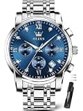 OLEVS Men’s Waterproof Watch Big Silver Blue Dial Watches for Men Stainless Steel Chronograph Analog Quartz Dress Man Wrist Watch with Date Diamond Luxury Silver Man Watches Luminous Business