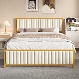VECELO Queen Bed Frame with Upholstered Tufted Headboard & Footboard, Heavy Duty Steel Slats Platform, No Box Spring Needed, Beige