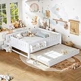 Bellemave Queen Bed with Trundle and Stairs, Queen Size Platform Bed Frame with Fence and Bookshelf, Easy Assemble Beds for Kids, Girls, Boys, White