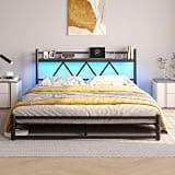 Floating Full Size Bed Frame with Storage Headboard,Metal Platform Full Bed Frame with LED Lights & Charging Station,Bed Base No Box Spring Needed,Noise Free,Easy to Assemble,Under Bed Storage,Black