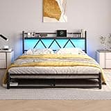 Floating Full Size Bed Frame with Storage Headboard,Metal Platform Full Bed Frame with LED Lights & Charging Station,Bed Base No Box Spring Needed,Noise Free,Easy to Assemble,Under Bed Storage,Black