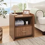 Curlaky Fluted Night Stand, Mid Century Night Stands with Drawer Storage for Bedroom Couch, Modern Wide Bedside Stand Wood Nightstand with Charging Station