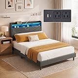 COLAMY Full Size Bed Frame with Charging Station & LED Lights, Upholstered Headboard with 2-Tier Storage, Heavy Duty Metal Platform Bed with Wood Slats, No Box Spring, Noise-Free, Easy Assembly, Grey