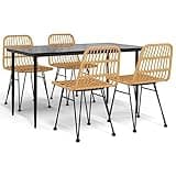 KGHFDVB 5 Piece Patio Dining Set with Steel Frame and Tempered Glass Tabletop, Poly Rattan Outdoor Bistro Set for 4, Comfortable Chairs with Backrest and Footpads