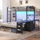 ADORNEVE Bunk Beds Twin Over Full with 2 Person Desk,4 Storage Drawers & Power Strips, Metal Full Bunk Bed with LED Lights, Pegboard for Kids,Teens Student Bedroom with Safety Guardrail, Black
