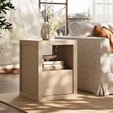 Cozy Castle Nightstand with Charging Station, Modern Bedside Table with Drawer Storage & Open Shelf, Wood End Table with Thickened Design, Night Stand for Bedroom, Light Grey Oak