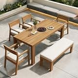 roomfitters Patio Dining Table Set for 6 Outdoor Rectangular Furniture Woven Rope Chairs Upholstered Cushions, Beige+Light Teak