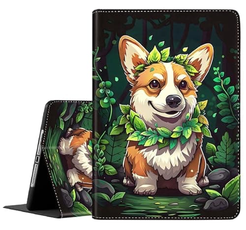 Yuxcfhjfe Case for 9.7 Inch 2017 2018/Ipad air/Ipad Air 2, Auto Sleep/Wake Multi-Angle Viewing Slim Folio Stand Cover Case for Ipad 6th/5th Generation, Cute Corgi Dog with Botanical