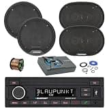 Blaupunkt Madrid 200 BT Single Din USB Bluetooth AM/FM Stereo Receiver, 2X 6 40 Watt Full Range 3-Way Speakers, 2X 6x9 70 Watt 4-Way Car Audio Speakers, 8" Amplified Subwoofer w/Install Kit, Wire