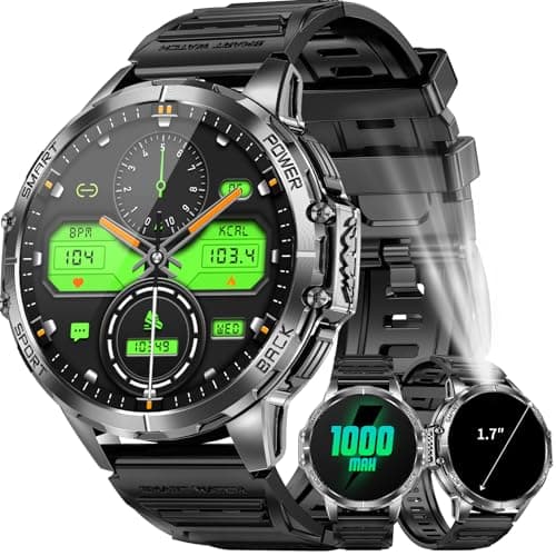 PODOEIL Military Smart Watch for Men, 1.7" HD Touchscreen, Bluetooth Calling, 1000mAh Battery, Heart Rate/SpO2, 110+ Sports Modes, IP68 Waterproof Fitness Watch for Android & iPhone (Pitch Black)