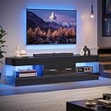 Bestier Black TV Stand for 55/60/65 Inch TV, High Gloss Modern TV Stand with Stone-Patterned Side Panels, LED Entertainment Center with Large Drawer, TV Consoles for Living Room, Bedroom