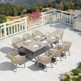 PURPLE LEAF 9 Pieces Outdoor Dining Set All-Weather PE Rattan Outdoor Patio Furniture Set with All Aluminum Frame Rectangular Table and Chairs Set for Lawn Garden Backyard Deck, Champagne