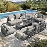 HERA'S HOUSE Metal Patio Furniture Set,Modular 10 Seats,1 Nesting Coffee Tables,1 Side Table with 7.1" Extra Thick Cushion, Low-Profile Modular Patio Conversation Set for Garden Backyard Deck,Grey