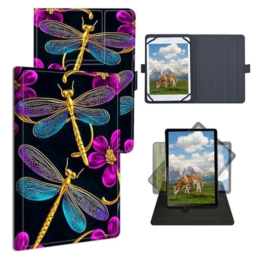 Dikoer Universal Case for Onn 10.1" 2020/Onn 10.1" Pro 2020 /Onn 10.1 Inch Gen 3 2022, Adjustable Silicon Band Shockproof TPU Protective PU Leather Cover for 9-10.5 Inch, Purple Flower Dragonfly
