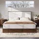 Merax Mid-Century Queen Size Platform Bed Frame with 40.5" Tall Boucle Upholstered Headboard, Solid Wood Low Profile Floor Bed for Bedroom or Guestroom, No Box Spring Needed, Walnut