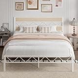 VECELO Queen Size Bed Frame, Heavy Duty Metal Platform Bedframe with Wood Finish Headboard, No Box Spring Needed, Easy Assembly, White & Natural