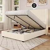 UNIQUITE Queen Size Lift Up Storage Bed Frame with 51 Inch Tall Wingback Headboard, Corduroy Upholstered Platform Bed with Hydraulic Storage, 2 USB Ports, No Box Spring Needed, Noise-Free, Beige