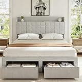 OLIXIS Full Size Bed Frame with Headboard, Upholstere Platform Bedframe with 2 Fabric Underbed Storage Drawers, Mattress Foundation with Wooden Slats Support, No Box Spring/Easy Assembly, Light Gray