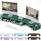 gianotter Dual Monitor Stand Riser, Desk Organizer With Drawer and 2 Pen Holders, Monitor Stand for Desk, Office Decor Essentials (Green)