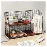 VHDY85KA Bookcase Mesh Desk Organizer Office Desktop with Brown Compartment Panel, Metal Black Bookshelf, 15.7 x 6.2 9.8 inch, 1 Pack Organizer Shelves