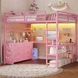 ADORNEVE Loft Bed Full Size with U-Shaped Desk, 6 Storage Drawers, Power Outlet, LED Metal Loft Bed with 2 Storage Shelves, Bed with Safety Guardrail & Ladders, No Box Spring Needed, Pink