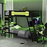 CJLMN Twin Size Bunk Bed with Two Built-in Gaming Desks, USB Desktop Ports & Pegboard Organizer, Green Gaming Bunk Frame for Two Gamers