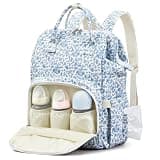 Sunnymove Blue Corduroy Floral Diaper Bag Backpack for Mom Large Capacity Multifunction Travel Backpack for Women, Cute Diaper Bag