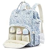 Sunnymove Blue Corduroy Floral Diaper Bag Backpack for Mom Large Capacity Multifunction Travel Backpack for Women, Cute Diaper Bag