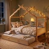 Harper & Bright Designs Twin Size Wood House Bed for Kids, Wooden Frame Daybed with Twin Size Trundle and Storage Bookshelf for Boys Girls Teens Bedroom, White
