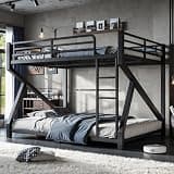 CJLMN Queen Over Queen Bunk Bed with Ladders, Metal Frame with Full Upgraded Support Slats, Low Profile Design - Black