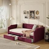 DNYN Velvet Daybed with 2 Storage Drawers and Nail-Head Decoration for Bedroom/Guest Room, Space-Saving Design Twin Size Upholstered Sofabed Frame with Wooden Slats Support, No Box Spring Needed