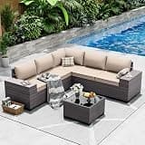 ASJMR Outdoor Patio Furniture Set, 6 Pieces Outdoor Sectional Furniture High Backrest Patio Sofa, All-Weather PE Rattan Patio Conversation Set with Coffee Table & Cushions-Sand.