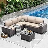 ASJMR Outdoor Patio Furniture Set, 6 Pieces Outdoor Sectional Furniture High Backrest Patio Sofa, All-Weather PE Rattan Patio Conversation Set with Coffee Table & Cushions-Sand.