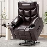 Power Lift Recliner Chair for Elderly Adults, Leather Electric Heated Massage Sleeper Sofa, Heavy Duty Adjustable Lounge Chair for Seniors with Cup Holders and Side Pockets, Brown