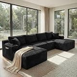 133" Oversized Cloud Boneless Sofa Couch with Chaise, Modern Corduroy U Shaped Modular Sectional Sofa with Deep Seat, Comfy Couch with Cupholders and Storage, No Assembly Required-Black
