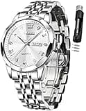 OLEVS Watch for Men Diamond Business Dress Analog Quartz Stainless Steel Waterproof Luminous Date Two Tone Luxury Casual Wrist Watch Silver Mens