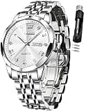 OLEVS Watch for Men Diamond Business Dress Analog Quartz Stainless Steel Waterproof Luminous Date Two Tone Luxury Casual Wrist Watch Silver Mens