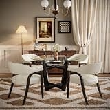PADMA HOUSE Glass Top Dining Table Chair Set for 4, 45" Round Glasstop Kitchen Table w/ 4 17.72" H Vegan Leather Table Side Chair with Arms & Wood Legs for Café Kitchen Restaurant, Clear&Ivory