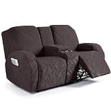 Ruaozz Loveseat Recliner Covers with Console, 4-Pieces Recliner Sofa Covers Stretch Jacquard Reclining Couch Covers with Pockets Furniture Protector with Elastic Straps Bottom (Chocolate)