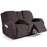 Ruaozz Loveseat Recliner Covers with Console, 4-Pieces Recliner Sofa Covers Stretch Jacquard Reclining Couch Covers with Pockets Furniture Protector with Elastic Straps Bottom (Chocolate)