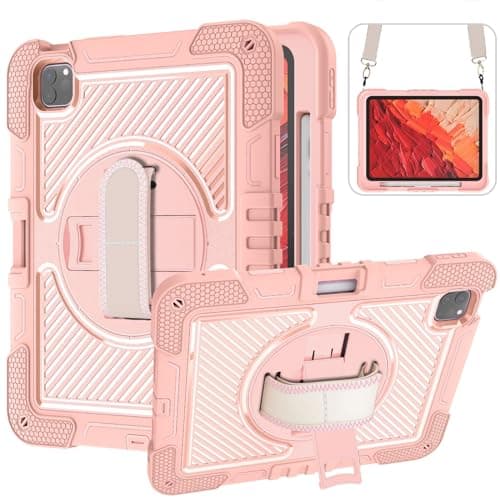 Anti-Yellowing Tablet Cover Shockproof Protective Case 360 Degree Rotating Bracket Case Compatible with iPad Pro 11 2024 Stylus Pen Holder Tablet Case(Rose Gold)