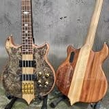 Custom A Style 4 Strings Burl Burst Maple Wood Electric Bass Guitar Neck Through Body with Active Pickup Gold Hardware and Abalone Inlay
