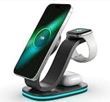 3 in 1 Qi Certified Wireless Charging Station, Multi Device Charging Dock with LED Night Light for Cell Phones, Smart Watches & Wireless Earbuds, ABS PC Charger Stand for Bedroom Desk (Black)