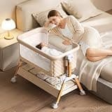VBSUTO 3 in 1 Baby Bassinet Bedside Sleeper,Bedside/Rocking Bassinet for Baby with Waterproof Comfy Mattress and Lockable Wheels,7 Adjustable Height, Easy Folding Portable Crib for Newborn-Khaki